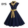 Elegant Ladies Dress Dot Printed Lapel Collar Bow On Waist Sweet Style Casual Party Dress Sleeveless Tight Waist Slim Mid-length Dress Women Summer
