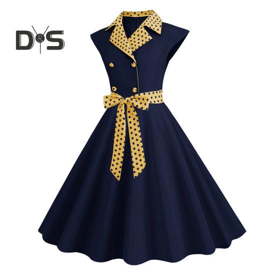 Elegant Ladies Dress Dot Printed Lapel Collar Bow On Waist Sweet Style Casual Party Dress Sleeveless Tight Waist Slim Mid-length Dress Women Summer