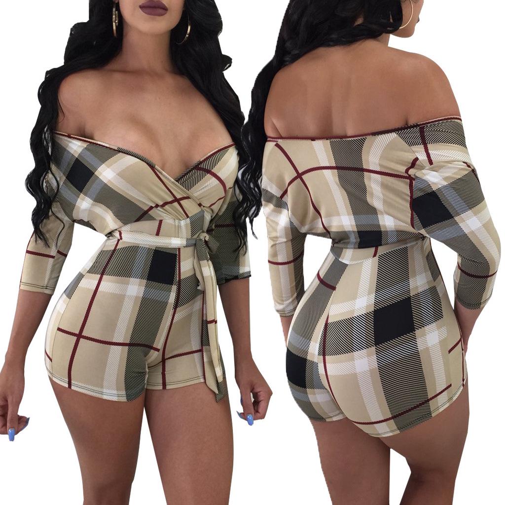 Womens Summer Two Piece Checkerboard Printing Sling Nightclub Jumpsuits