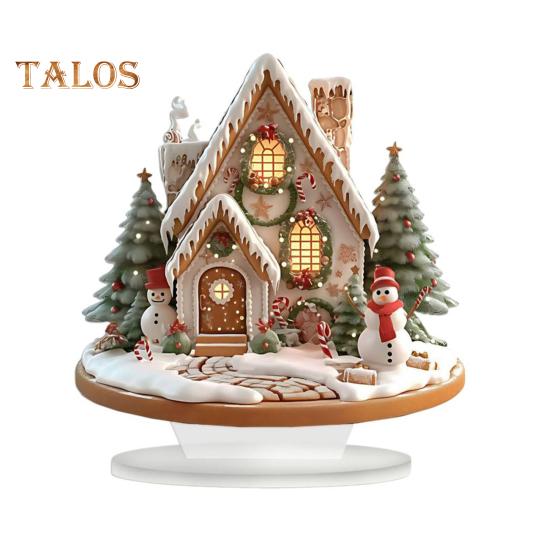 Christmas Acrylic Desktop Ornament Flat Snowy Cabin Ornament with Base Christmas Village Log Cabin Ornament for Holiday Table Decor