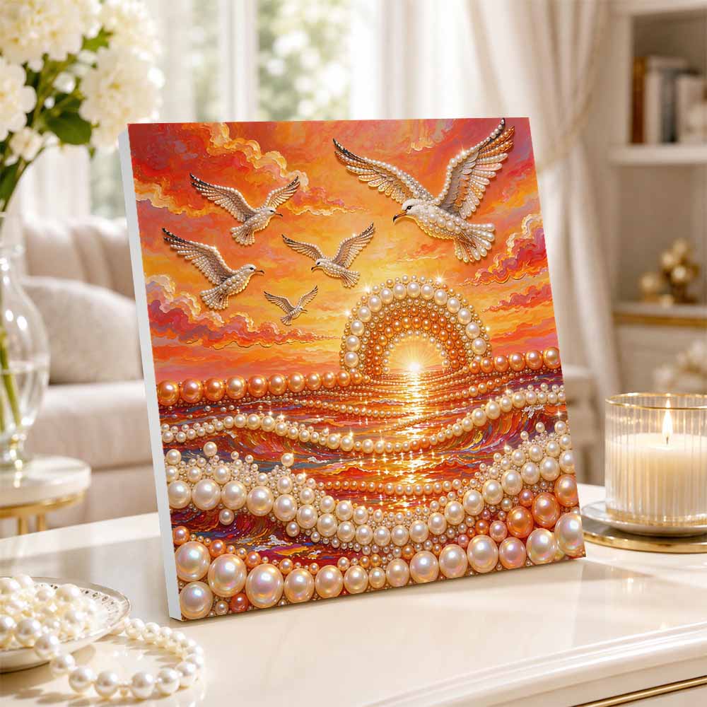 Pearl Painting Seagulls Flying Over Ocean Sunset 5D DIY Decorative Painting. Elegant Birthday Gift. Handmade Craft Art Painting