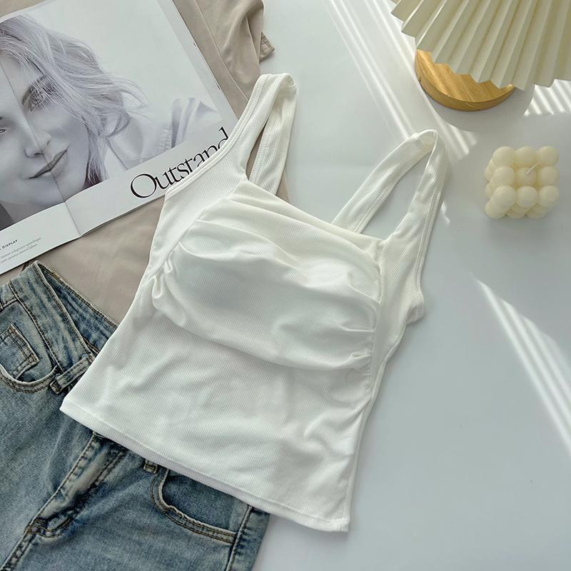 Korean Ruffled Spaghetti Strap Women's Tank with Chest Pads - Sexy Backless Slimming Base Layer