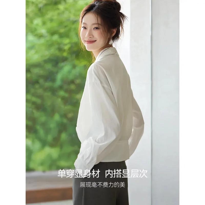 Womens White Lapel Waist Cinched Irregular Hem Long Sleeve Shirt