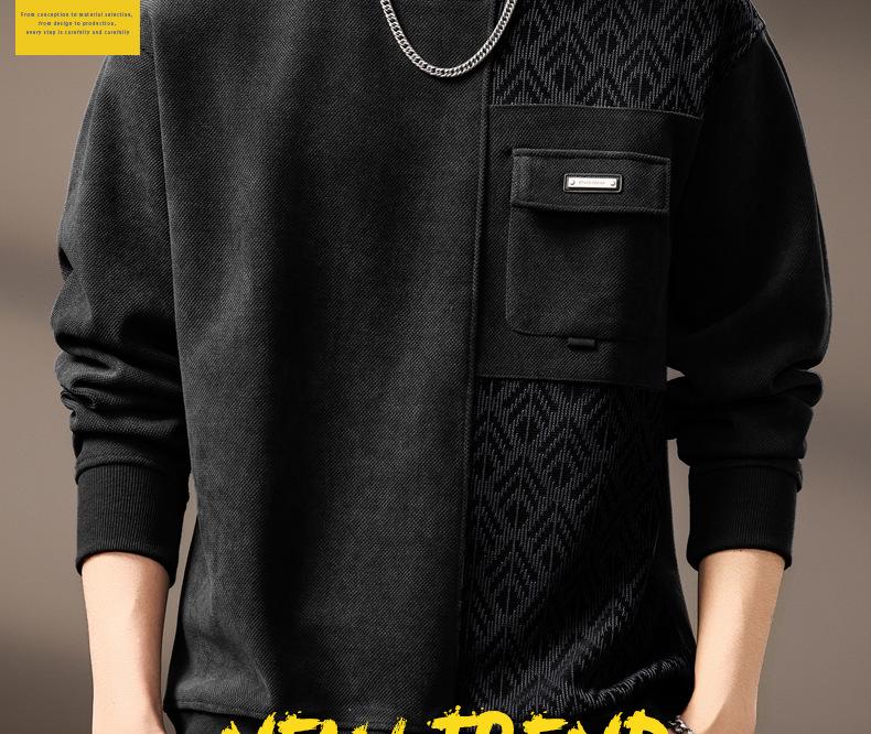 High-End Retro Jacquard Patchwork Raglan Sleeve Men's Sweatshirt - Autumn Heavyweight Trendy Round Neck Casual Top