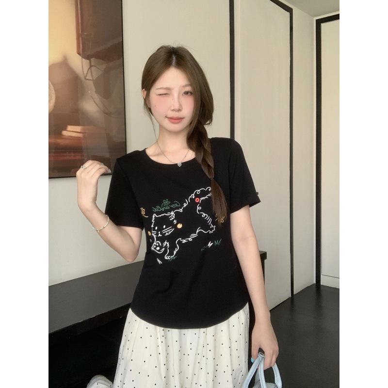 2026 Summer Plus Size Cartoon Cat Print Short Sleeve Casual T-shirt 4XL