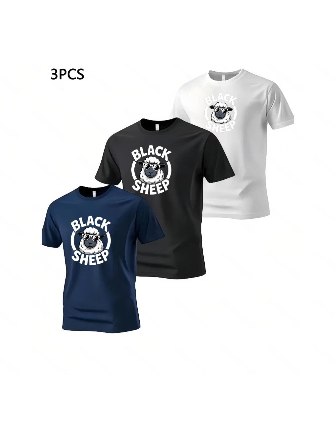 Men S Trendy Three-Piece T-Shirt  BLACK SHEEP  Glasses Sheep Creative Print XL