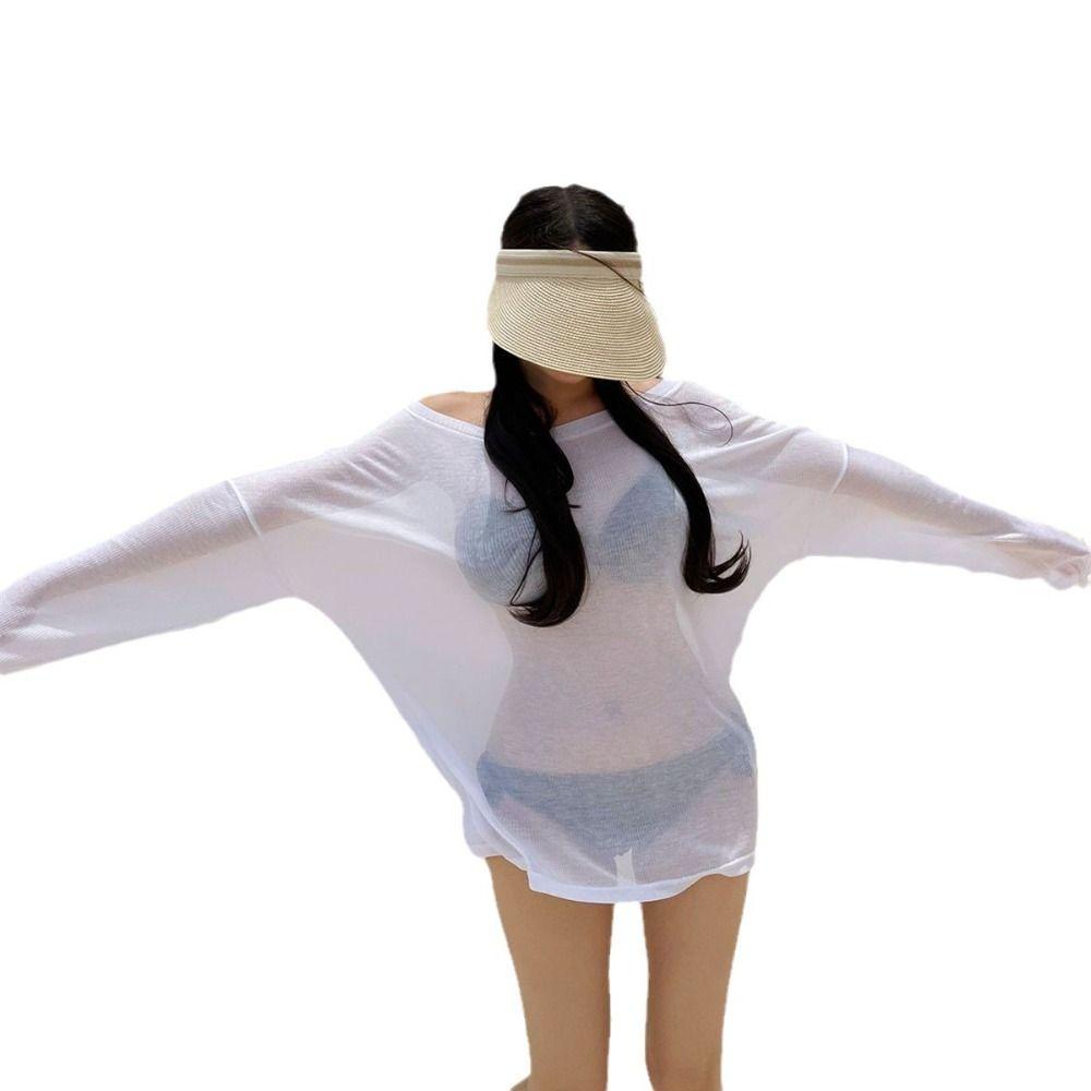 Bikini Cover Up Sun-protection Pullovers Summer Beach Wear Plain Long Sleeves Tops Girls