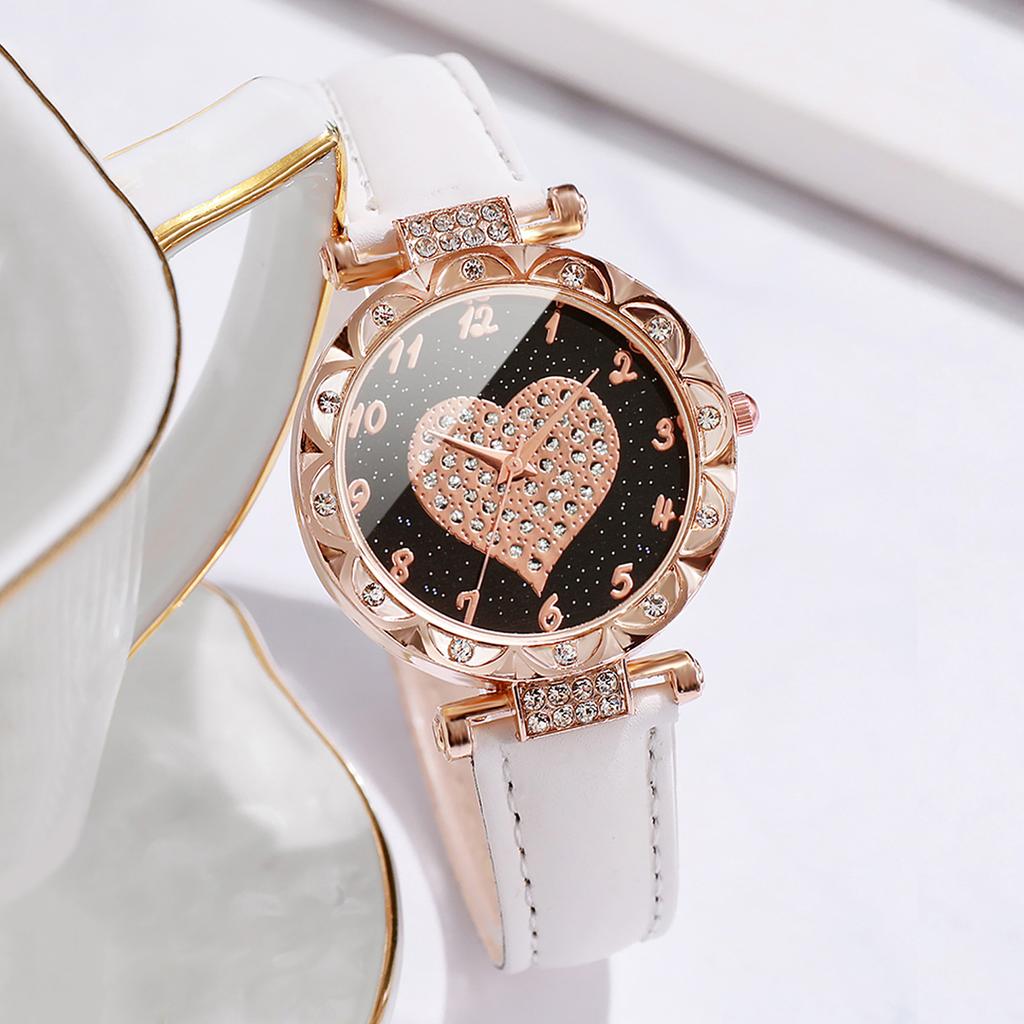 6PCs/Set Fashion Women's Watch Leather Strap Quartz Watch with Love Bracelet Set