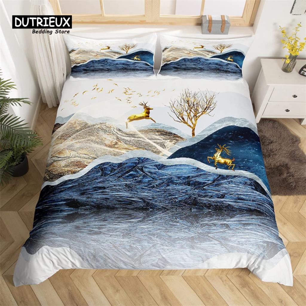 Abstract Mountain Duvet Cover Natural Scenery Art King Bedding Set For Nature Lover Gift Woodland Hiking Adventure Quilt Cover