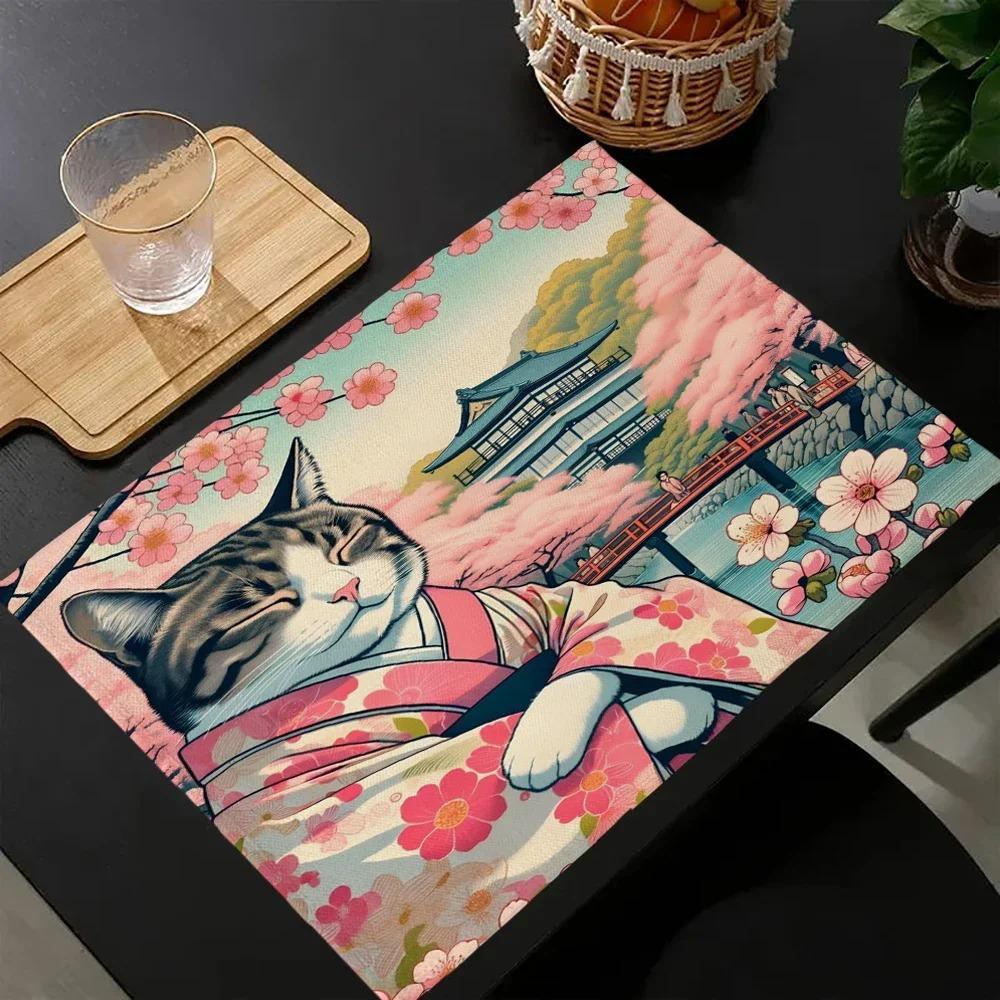 4PCS Cute Cat In Kimono Pattern Linen Placemat, Party Dining Table Decorative Mat, Bowl Mat, Heat-Resistant Dinner Plate Mat