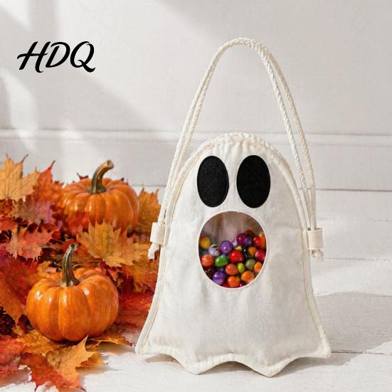 Decorative Holiday Tote Halloween Ghost Candy Bag for Kids Cute Fabric Treat or Trick Multipurpose Toy Storage with Handle Spooky Snack Goodie Bags