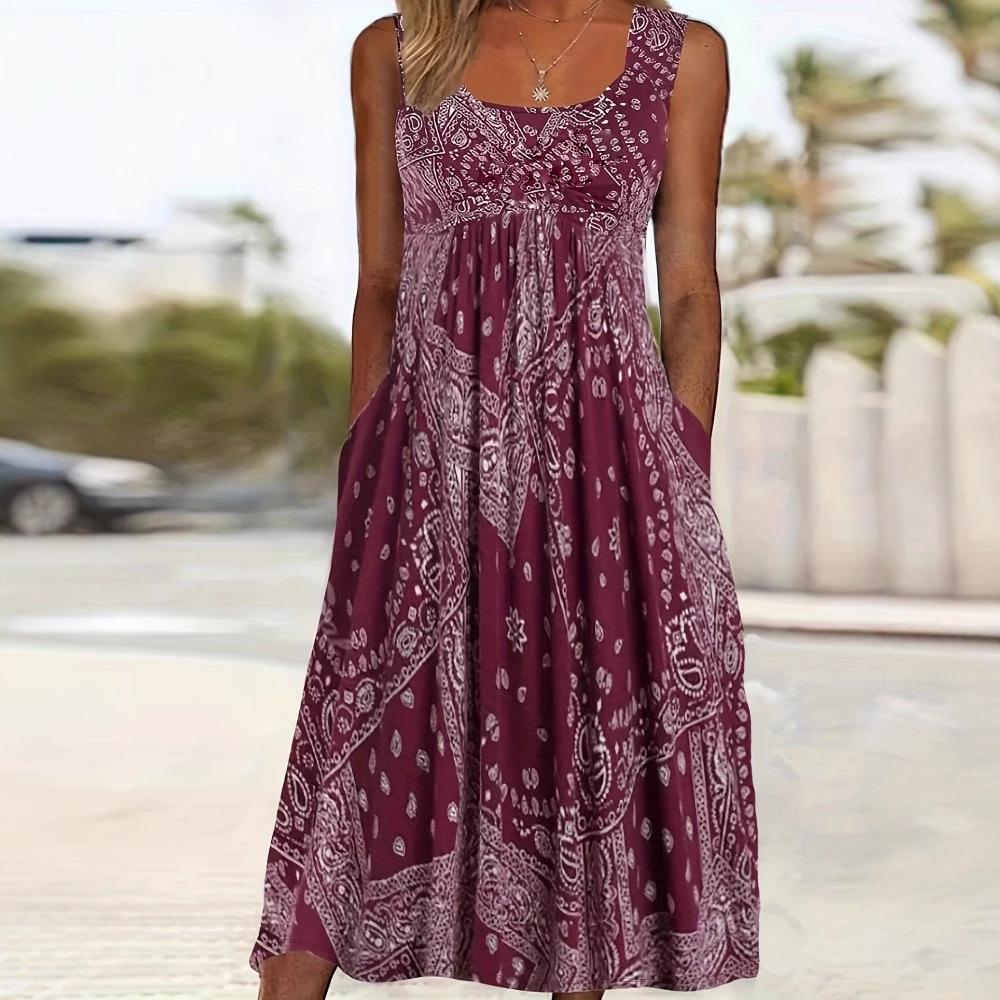 Retro Sleeveless Summer Dress with Crew Neck and Pockets – Loose Holiday Print Style