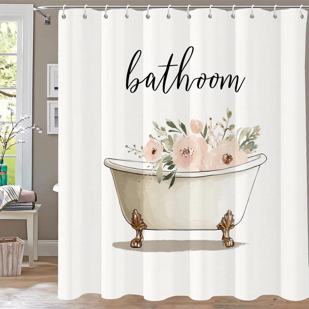 

1Pc Waterproof Polyester Shower Curtain With 12 Hooks, Watercolor Bathtub Printed Bath Curtain Fabric Curtain For Bathroom W60H190(CM)-1 Pcs