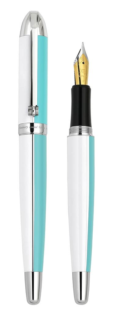 Xezo Visionary Brass and Aluminum Fountain Pen with Fine Sky Blue and White Hand Lacquer Limited Edition of 500 Classic Art Deco Color Body Style Nib,