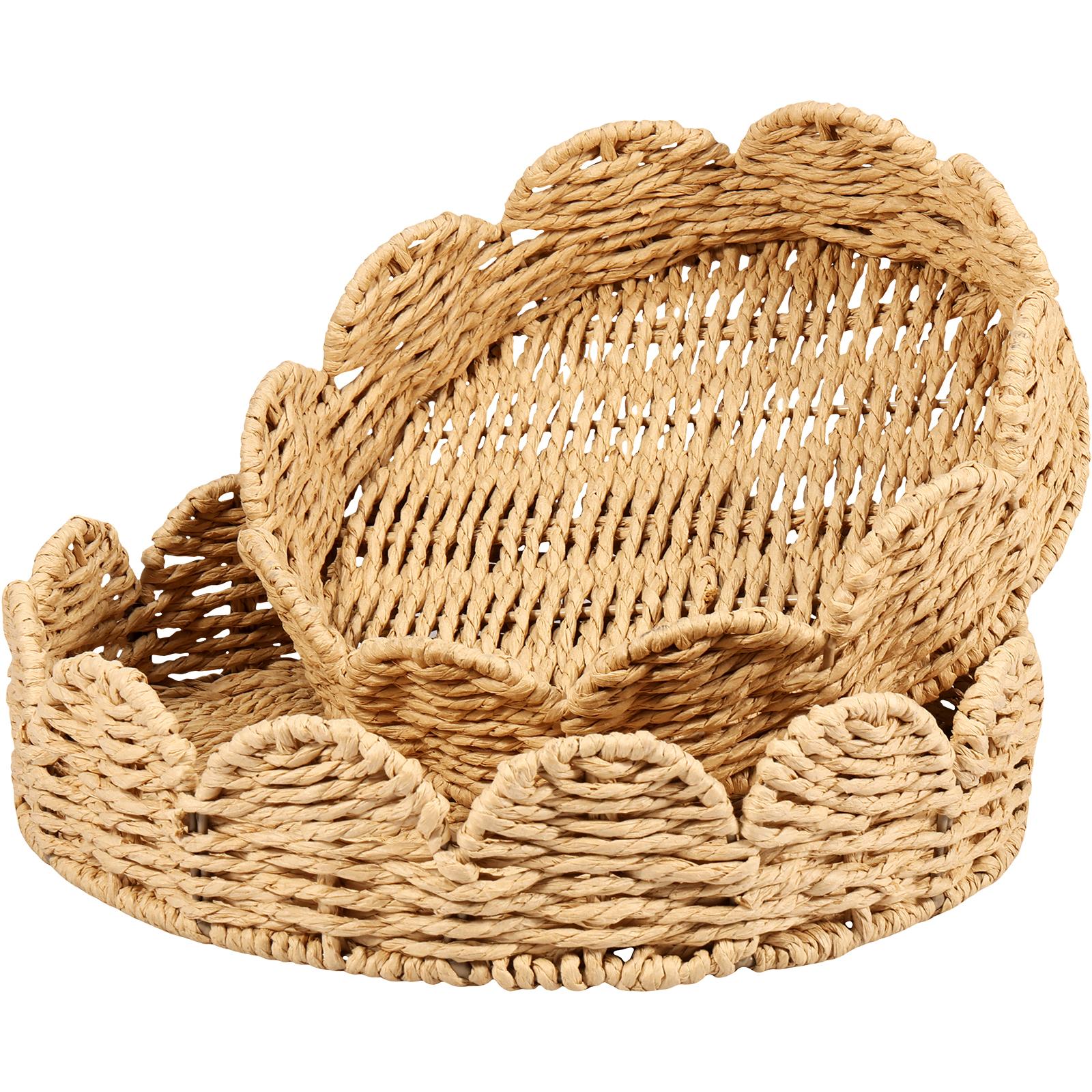

2 Pcs Woven Serving Tray Multi-purpose Storage Basket Fruit Snack Storage Baskets Scalloped Trays for Kitchen Tea Room and Home