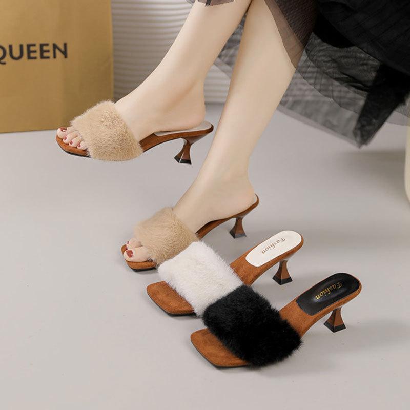 French High-end Fluffy Slippers Women's 2025 Autumn and Winter New Fashion One-word Drag Lightweight High-heeled Slippers
