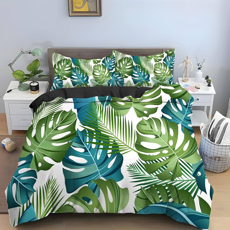 Tropical Leaves Duvet Cover Twin King Palm Leaf Pattern Bedding Set for Boys Girl Room Botanical Monstera Leaves Comforter Cover