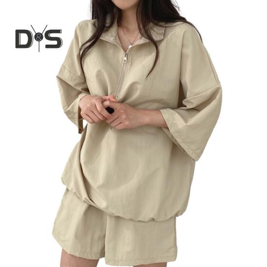 2 Pcs/Set Sweatshirt Shorts Set  Loose Solid Color Lapel Half Sleeves Pockets Elastic Waist Zipper Collar Breathable Smooth Quick Dry Soft Summer