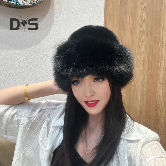 Women Winter Hat Thick Plush Faux Fur Heat Retention Windproof Mongolia Style Bucket Hat Solid Color Outdoor Cycling Skiing Panama Cap