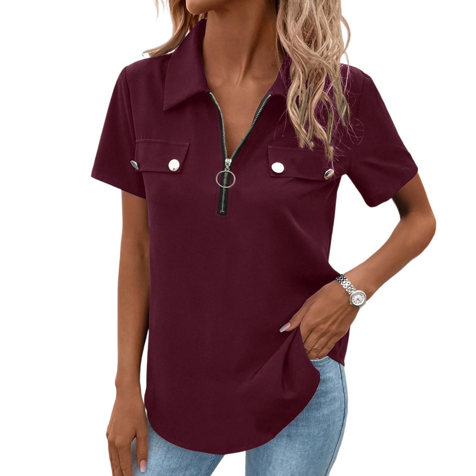 

T Shirts Short Sleeve Tees For Women Fashion Tops Lightweight Soft Casual Summer Shirt With Pocket L винный