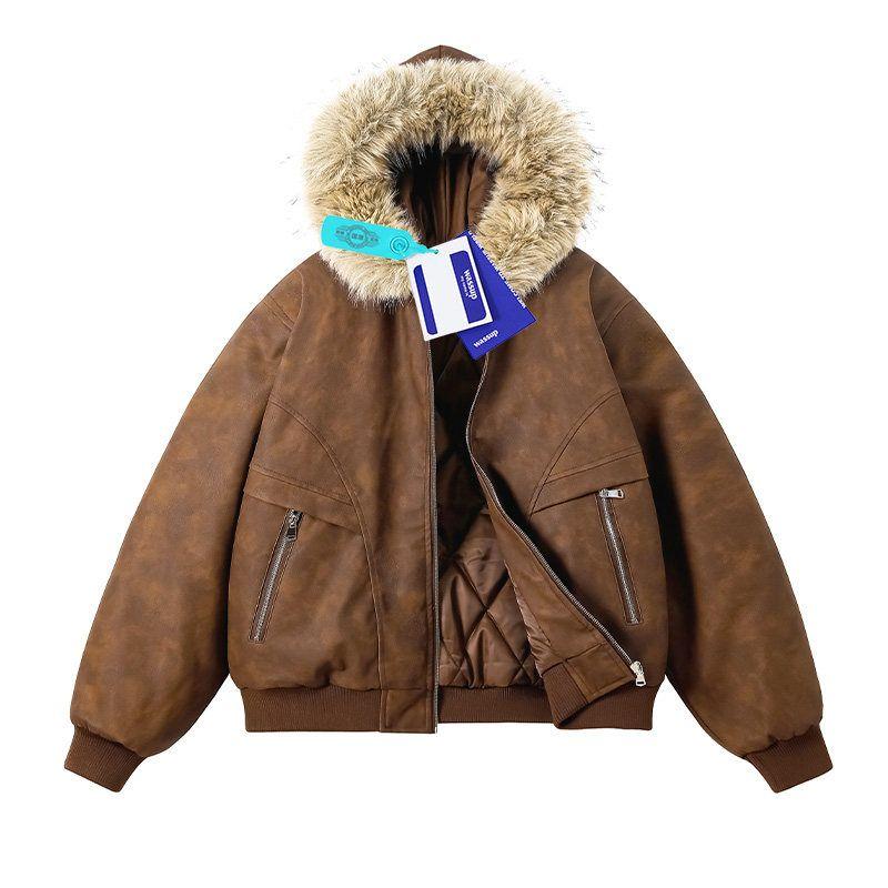 Wassup Large Fur Collar Pu Leather Cotton Jacket for Men and Women, Winter Faux Mink Velvet Thickened Warm Workwear Cotton Coat
