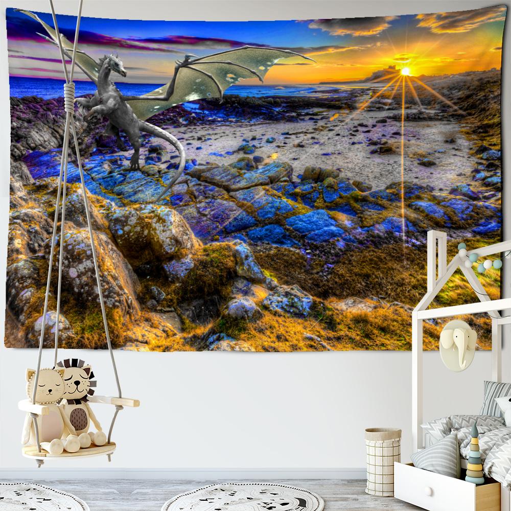 Uçan Ejderha Peri Masalı Şato Goblen Duvar Askısı Bohem Yağlıboya Hippi Halı Çocuk Odası Yurt Aile Dekoru