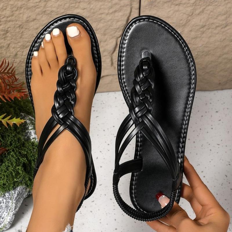 2026 Women's Woven T-strap Flat Sandals Summer New Outdoor Leisure Clip Toe Roman Sandals Fashion Flip Flops 36-43