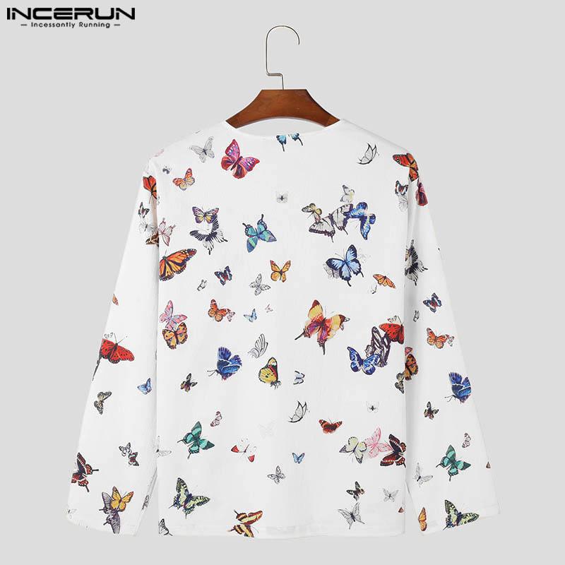 INCERUN Frühling Herbst Tops Männer V-Ausschnitt Langarm Blumendruck Casual Tops