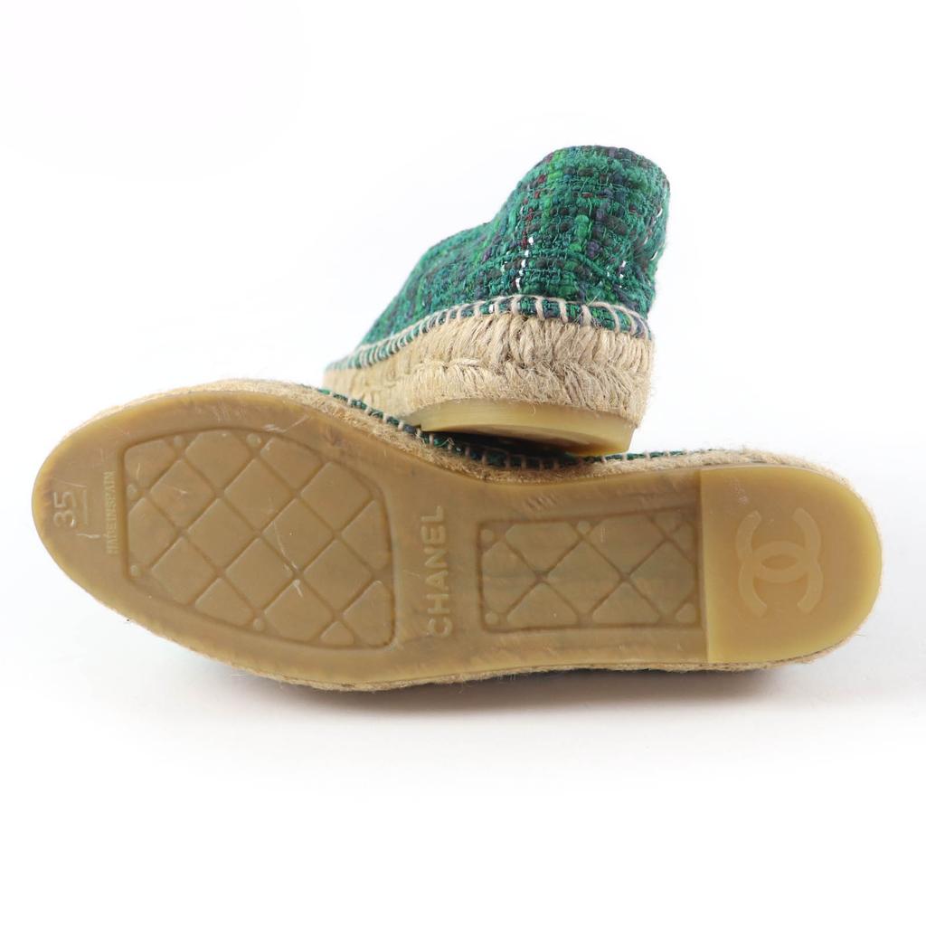 Excellent CHANEL Shoes COCO Mark Fabric Espadrilles Tweed Green Women 35 G29762 Used