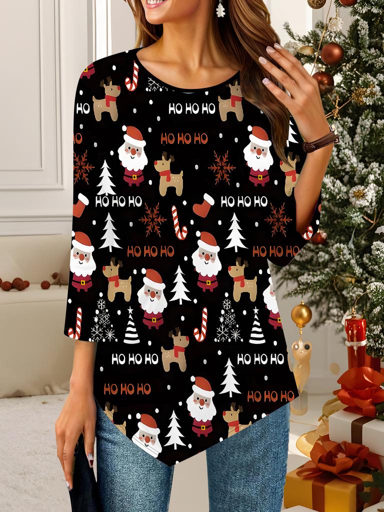 Women's Loose Round Neck Three Quarter Sleeve Tee 3D Christmas Pattern Ideal Halloween and Christmas Gift