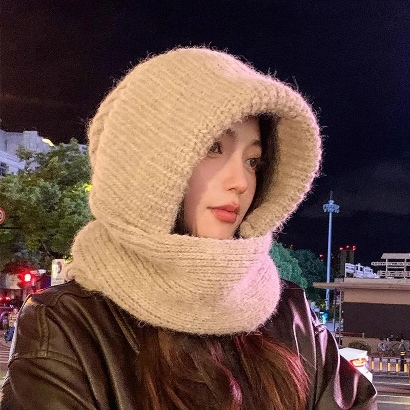 WTEMPO Windproof Stretchy Knitted Scarf Hats Women's Warm Winter Ear Protection Thickened Versatile Solid Color Woolen Hats