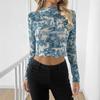 Spring Summer Elegant Blue Printed Short Blouse Women Streetwear Stand Collar Mesh T Shirt Slim Fit Casual Long Sleeve Crop Top