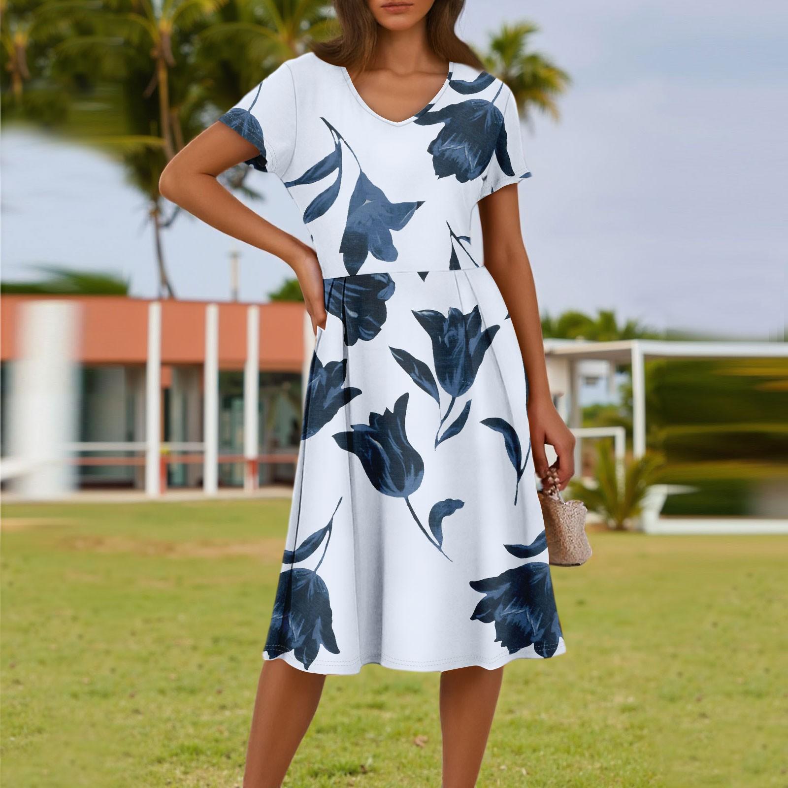 

Ladies Summer Fashion Casual Floral Print V-Neck Short Sleeve Pocket Dress XL білий