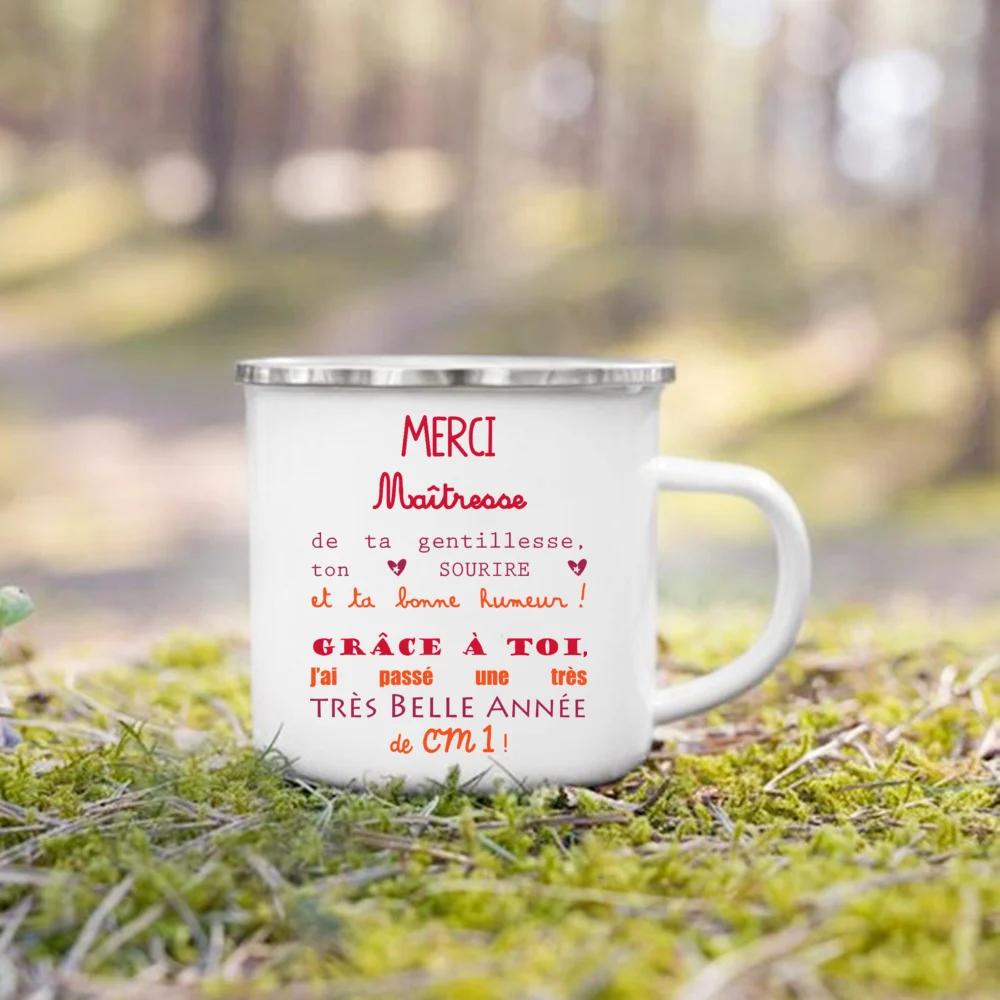 Merci Maitre & Maitresse Printed Enamel Mug Creative Coffee Cups Drink Dessert Milk Cup Mugs Handle Drinkware Gifts for Teacher