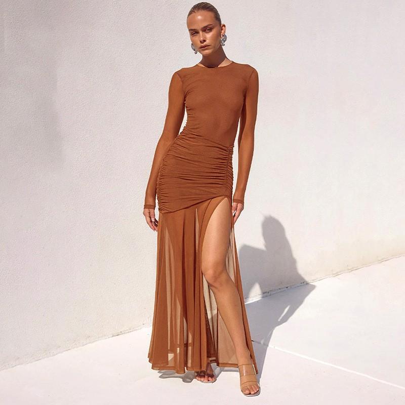 Womens Sexy Backless Mesh Maxi Dress Strapless Slim Fit Party Gown