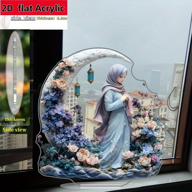 2D Flat Muslim Cultural Crescent Moon Acrylic Desktop Decoration, Floral Patterns Design, Suitable for Wall Decoration, Porch, Room, Villa, Accents Ho