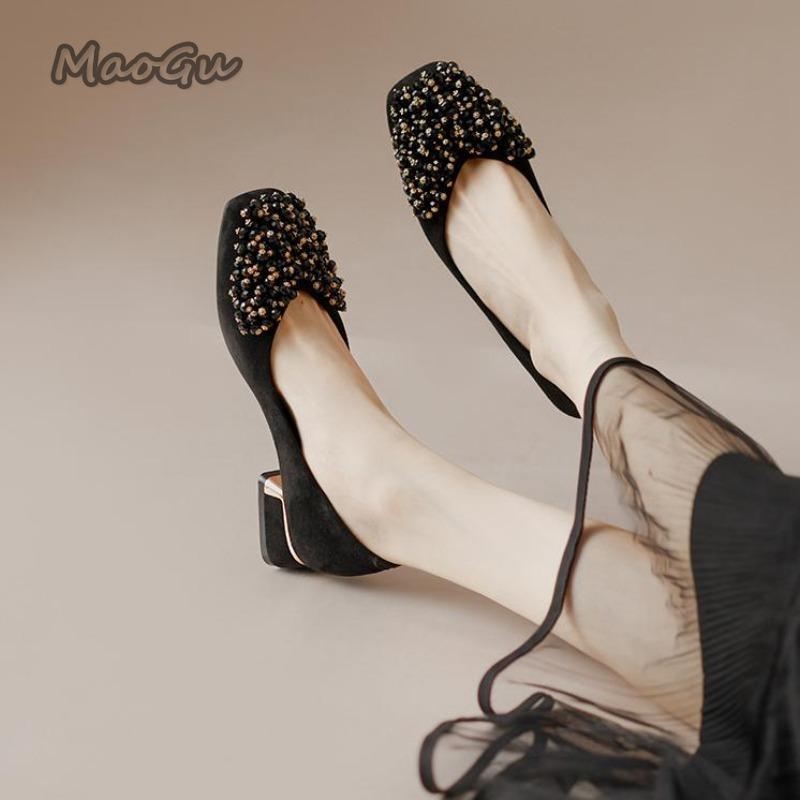 Fashion Elegant String Beaded Fashion Slip-On Women Shoes Square Toe Medium Heel Versatile Casual Velvet Summer Loafers Chaussures Femme