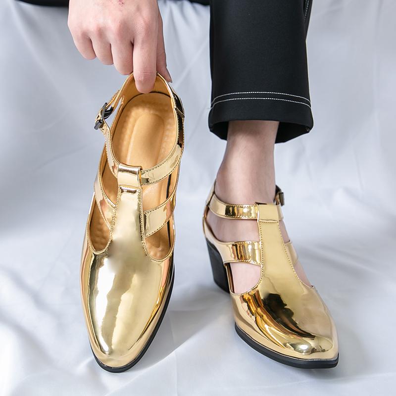 Summer Men’s Silver Sandals Mules Dance Dress Prom Shoes Gold Stylish High Heel Leather Shoes Plus Size