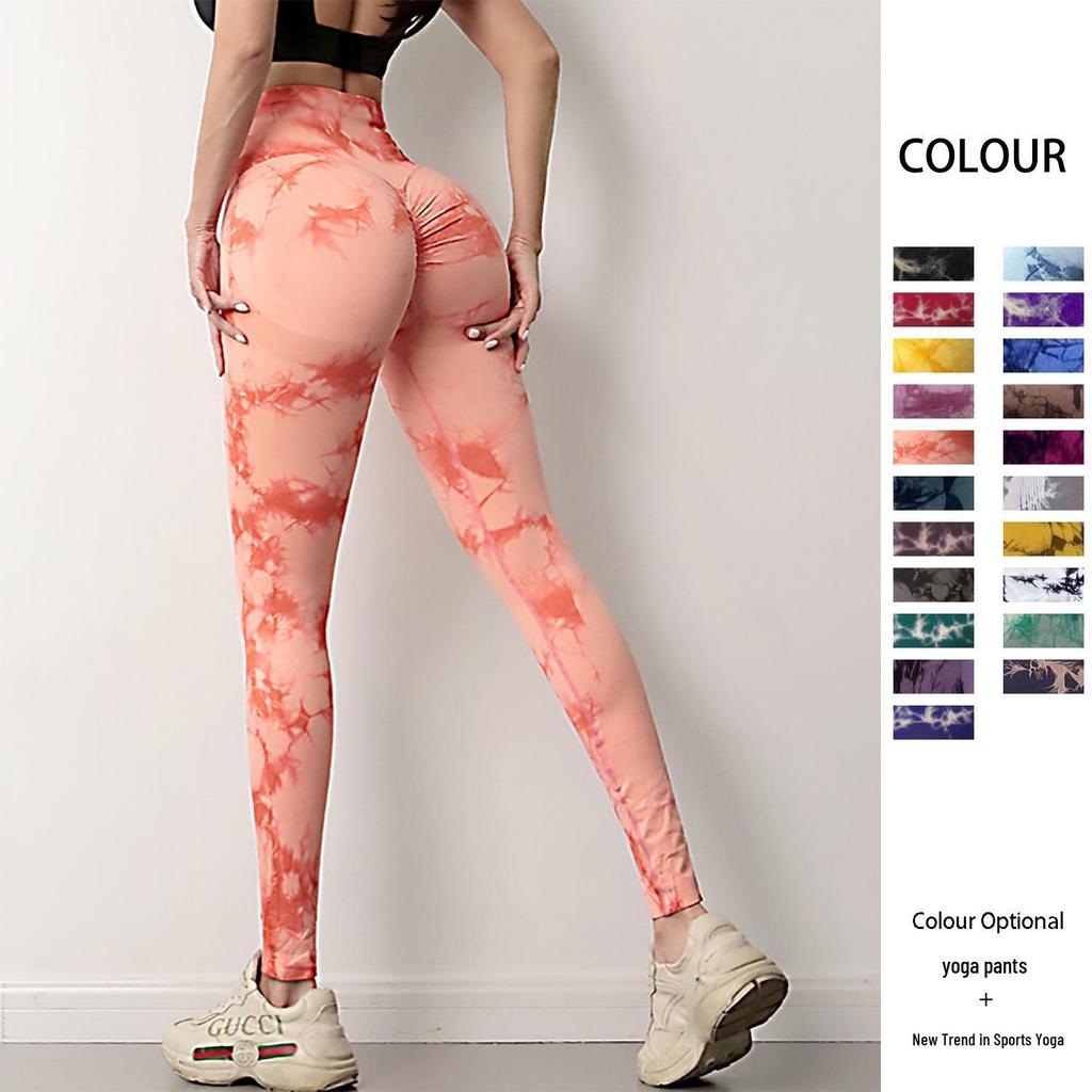 Women's Tie-Dye Peach Yoga Leggings - High Waist, Hip Lift, Sports & Running Fitness Pants