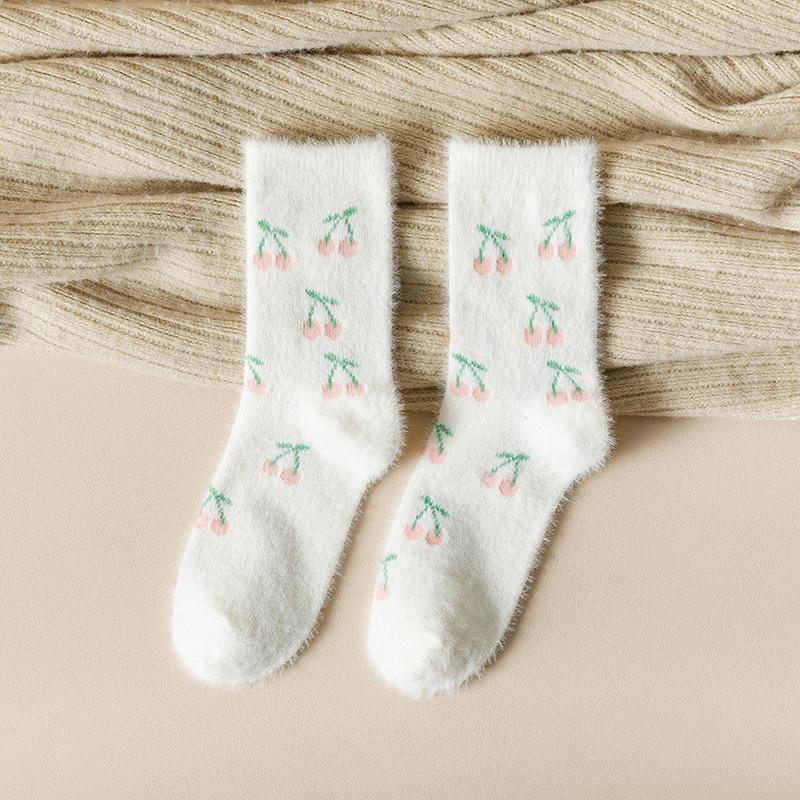 Female Autumn and Winter Plus Velvet and Thick Warm Mink Velvet Warm Fruit Strawberry Deodorant Tube Socks