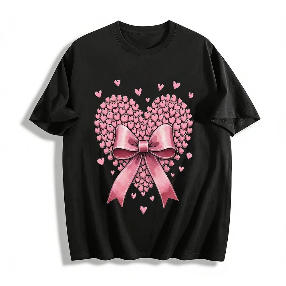 Sweet Style Casual Top With Heart Bow All Over Print Pure cotton T-shirt XXS