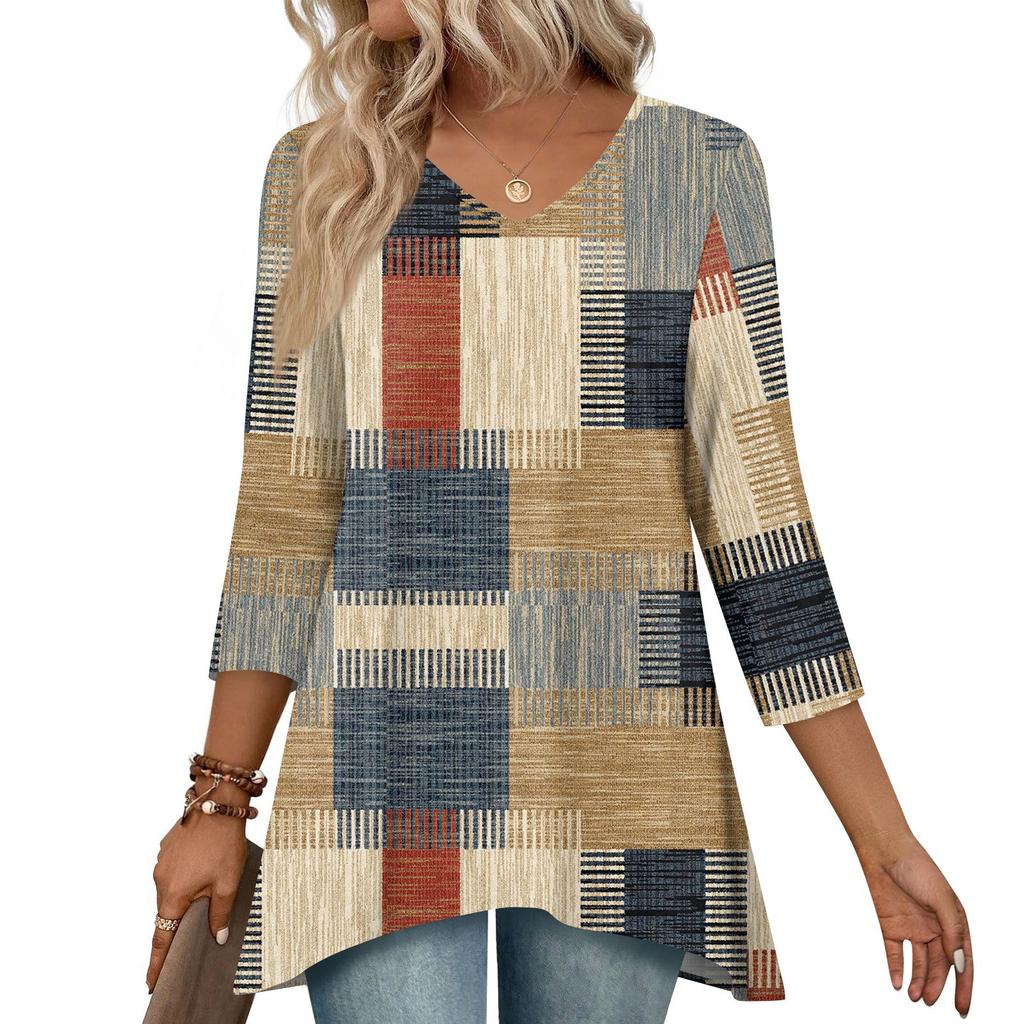 Women 3/4 Sleeve Tunic Prints Tops For  Loose Fit Casual Blouses V Neck T Shirts With Asymmetrical Hem