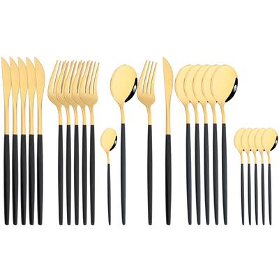 24pcs Dinnerware Set Stainless Steel Cutlery Set Silverware Black Gold Flatware Set Fork Spoon Dishwasher Safe Tableware