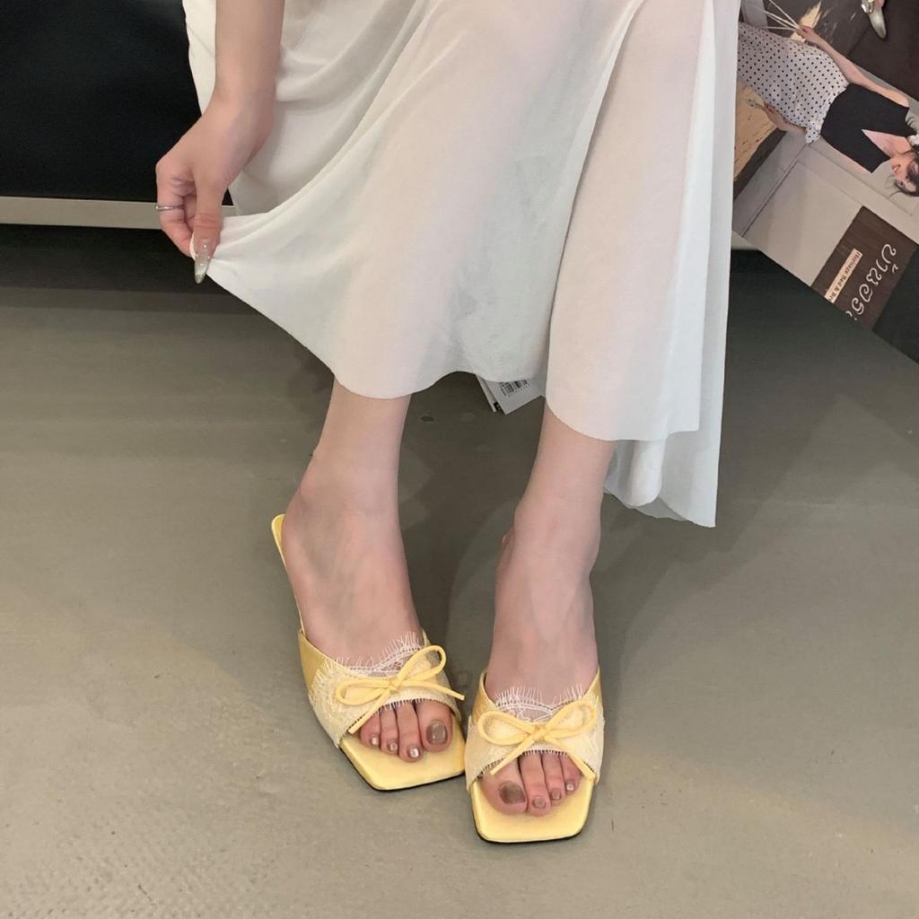 French Niche Bag Head Sandals Gentle Bow Pointed High Heels Lace Pure Desire Satin Stiletto Empty Shoes