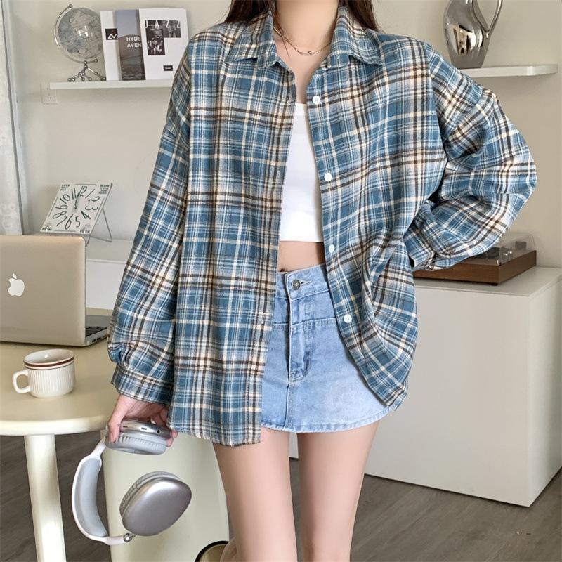 Dames Retro Geruit Overhemd Lange Mouw Met Kraag Knoopsluiting Oversized Geruit Overhemdjas Tiener Meisje Lente Zomer Outfit