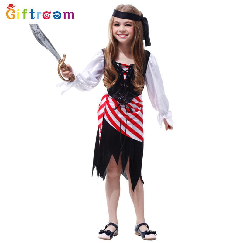 Enchanting Pirate Costume For Girls With Striped Irregular Hem For Halloween Fun