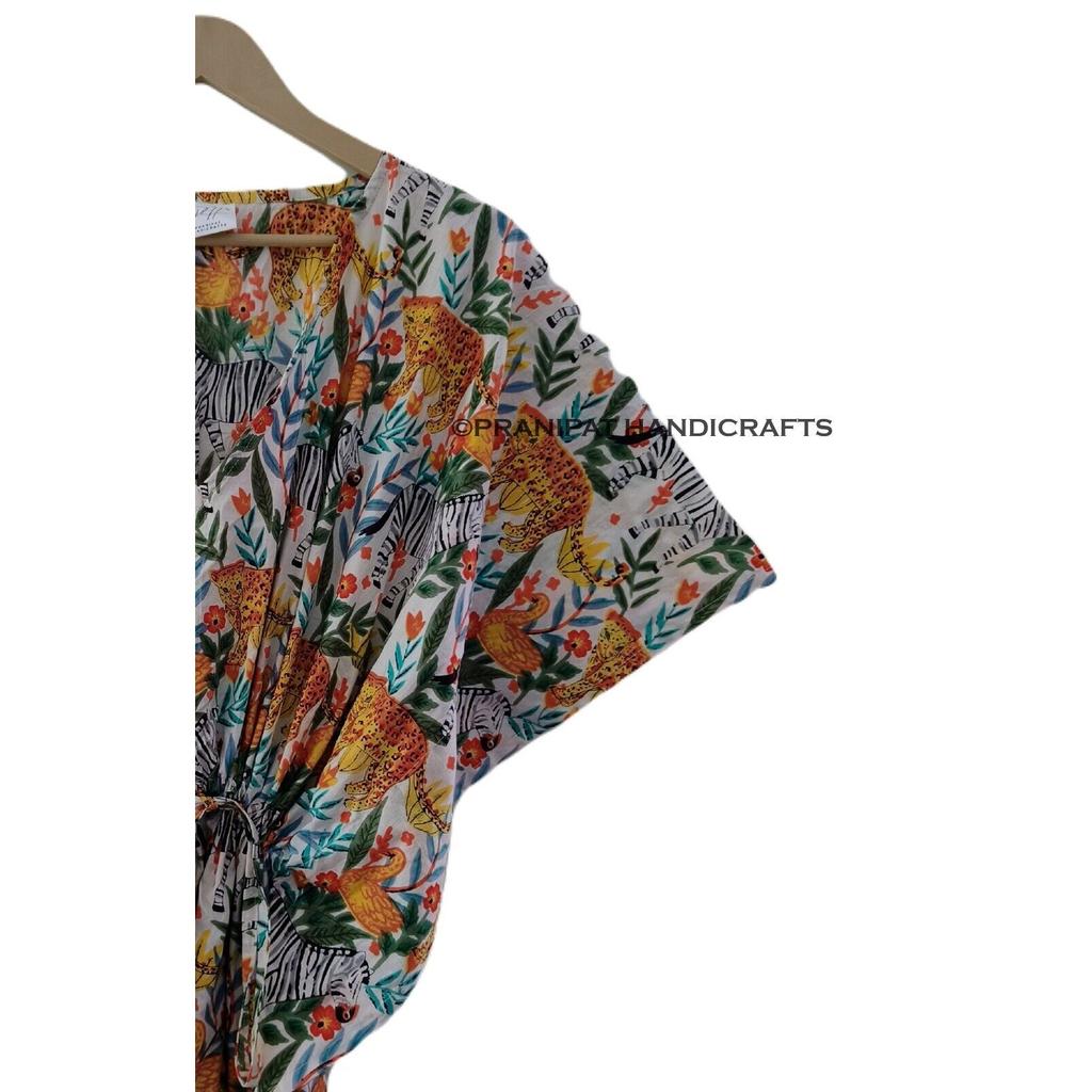 Femei Bumbac Alb Vară Haine de Dormit Acoperire de Plajă Rochie Caftan Hippie cu Imprimeu Junglă CKFTN-SCRN-FULL-BUYIT-176