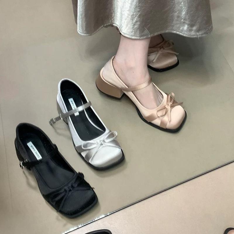 Women Shoes 2025 Spring Mary Jane Fashion Butterfly-knot Square Toe Satin Women's High Heels Buckle Elegant Pumps Shoe Wedding