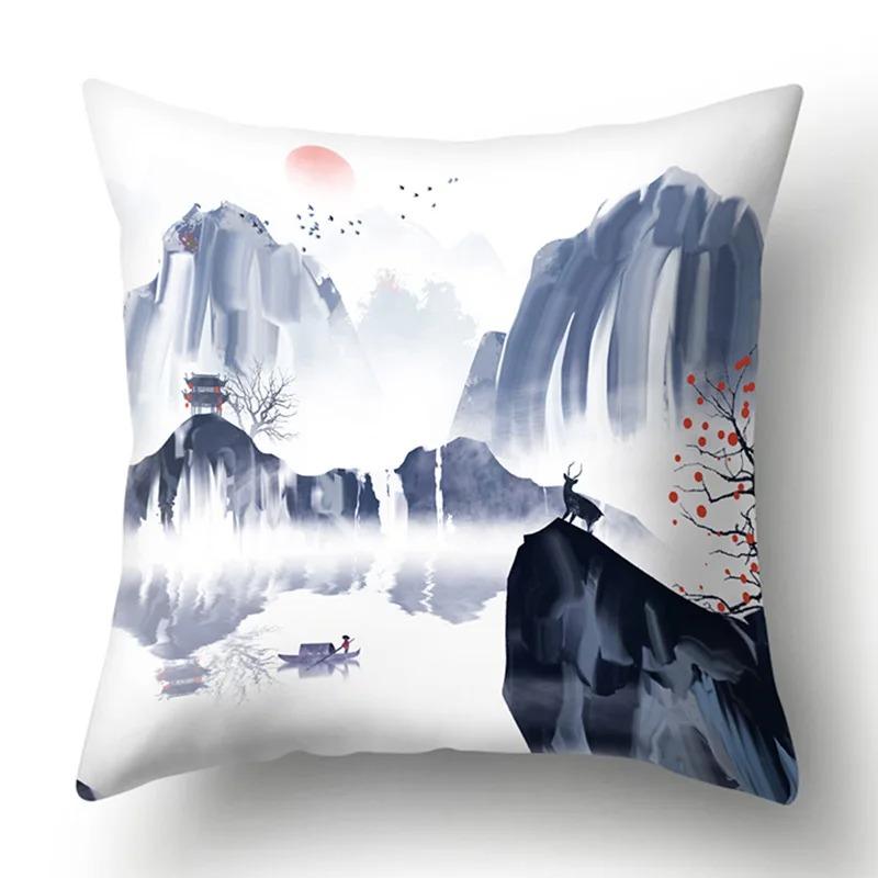 Ink Landscape Painting Pillowcase Bedroom Room Home Decoration Office Seat Living Room Sofa Cushion Cover 45x45cm