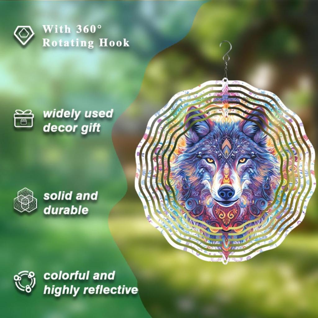 Fox Themed Metal Wind Chime 10 Inch Laser Cut Outdoor Garden Decor with Vibrant Blue Purple Artwork 360 Degree Rotation Hook Indoor
